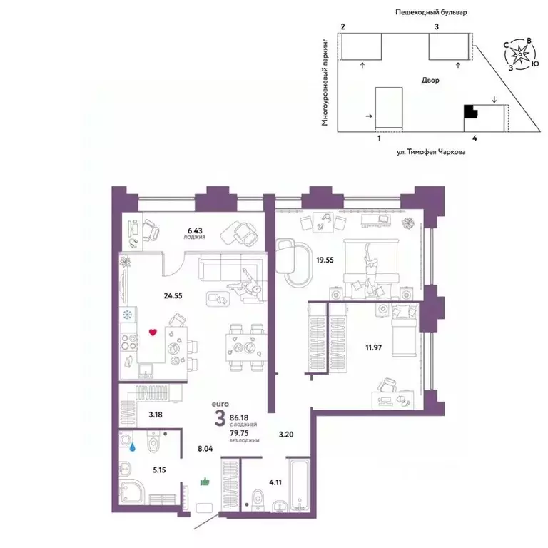 3-к кв. Тюменская область, Тюмень ул. Тимофея Чаркова, 93 (86.18 м) - Фото 0