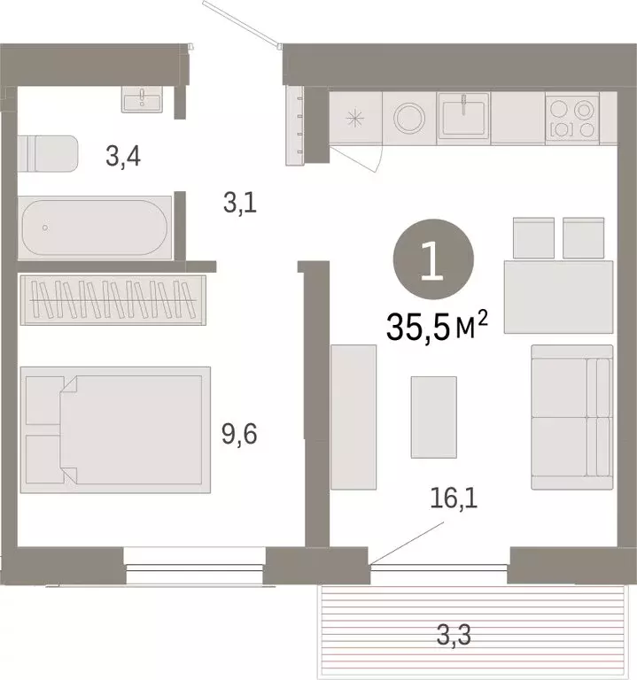 1-комнатная квартира: Новосибирск, Большевистская улица, с49 (35.49 м) - Фото 0