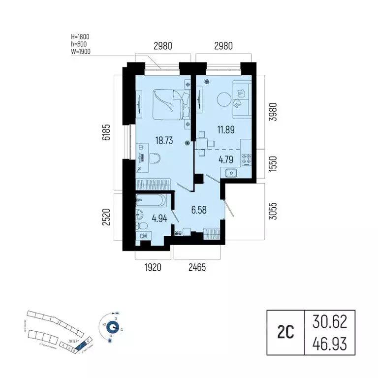 2-к кв. Башкортостан, Уфа Глумилино-1 мкр, Новатор жилой комплекс ... - Фото 1