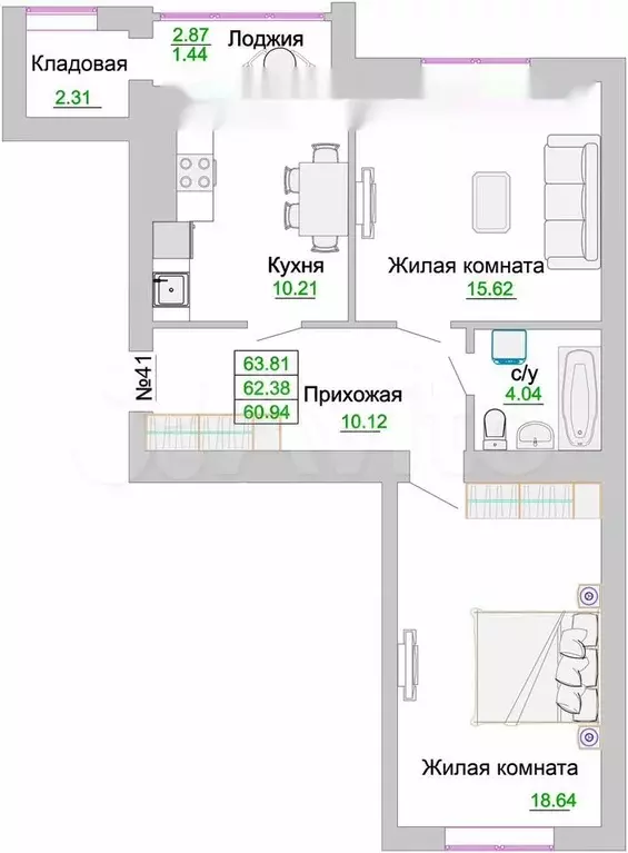 2-к. квартира, 62,4 м, 9/9 эт. - Фото 0