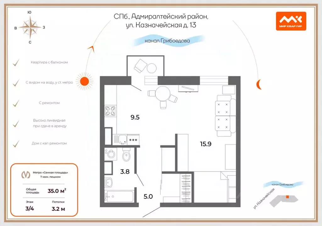 1-к кв. Санкт-Петербург Казначейская ул., 13 (35.0 м) - Фото 2