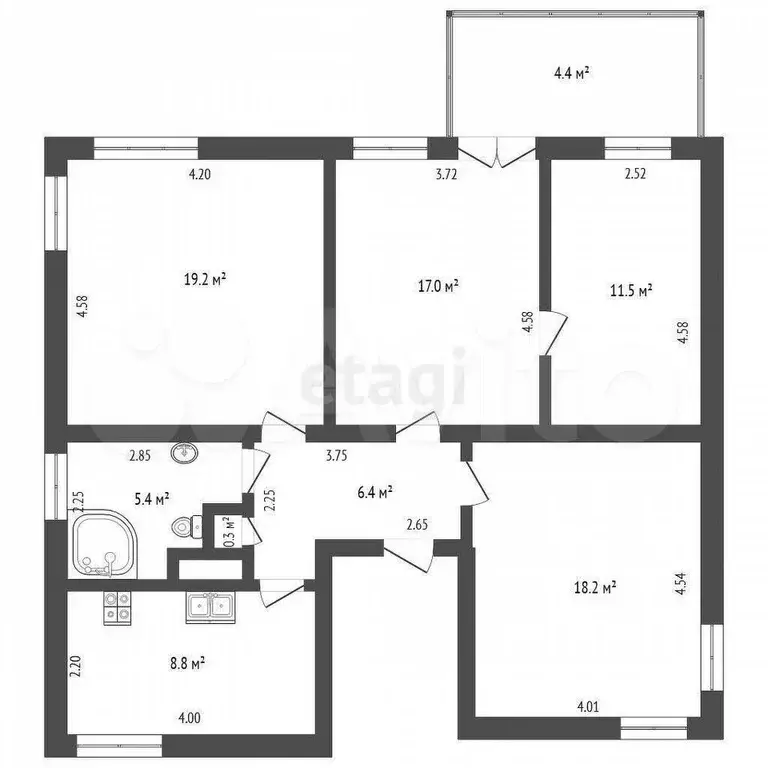4-к. квартира, 86,5 м, 2/2 эт. - Фото 0