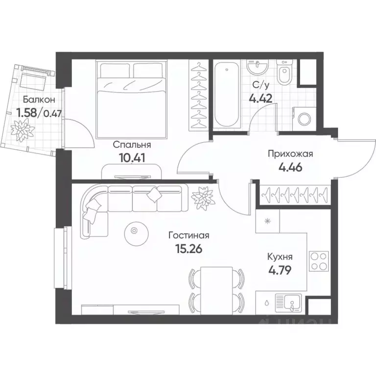2-к кв. Татарстан, Казань Счастье в Казани жилой комплекс (39.8 м) - Фото 1