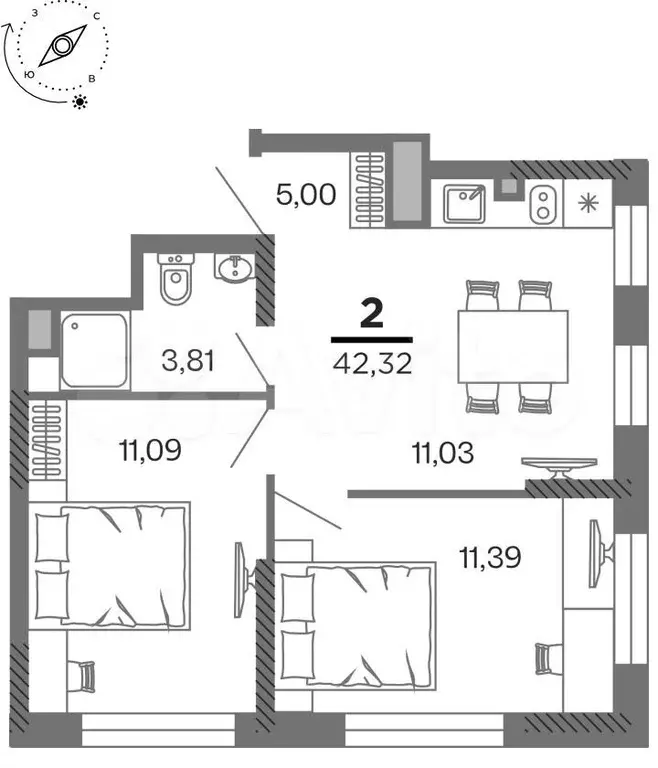 2-к. квартира, 42,3 м, 12/25 эт. - Фото 1