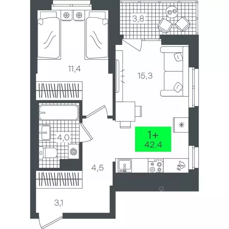 1-к кв. Тюменская область, Тюмень ул. Василия Малкова, 19 (42.44 м) - Фото 0