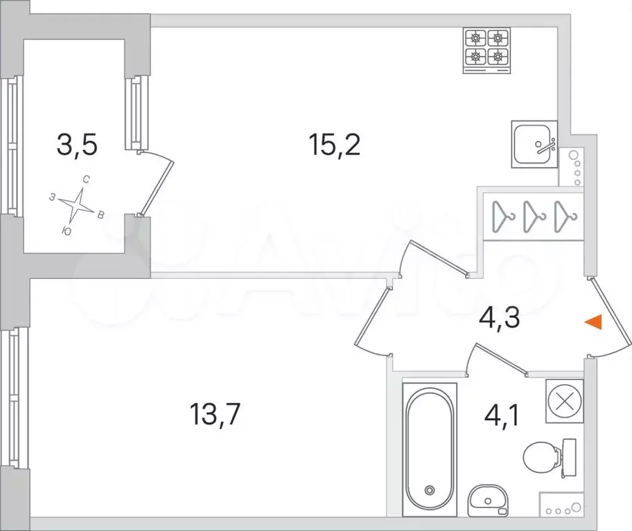 1-к. квартира, 39,1 м, 1/4 эт. - Фото 0