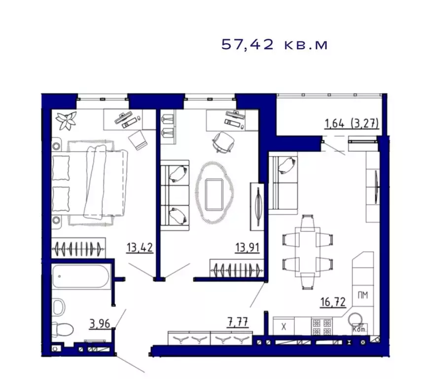 2-комнатная квартира: Аксай, ЖК Авиатор (57.42 м) - Фото 0