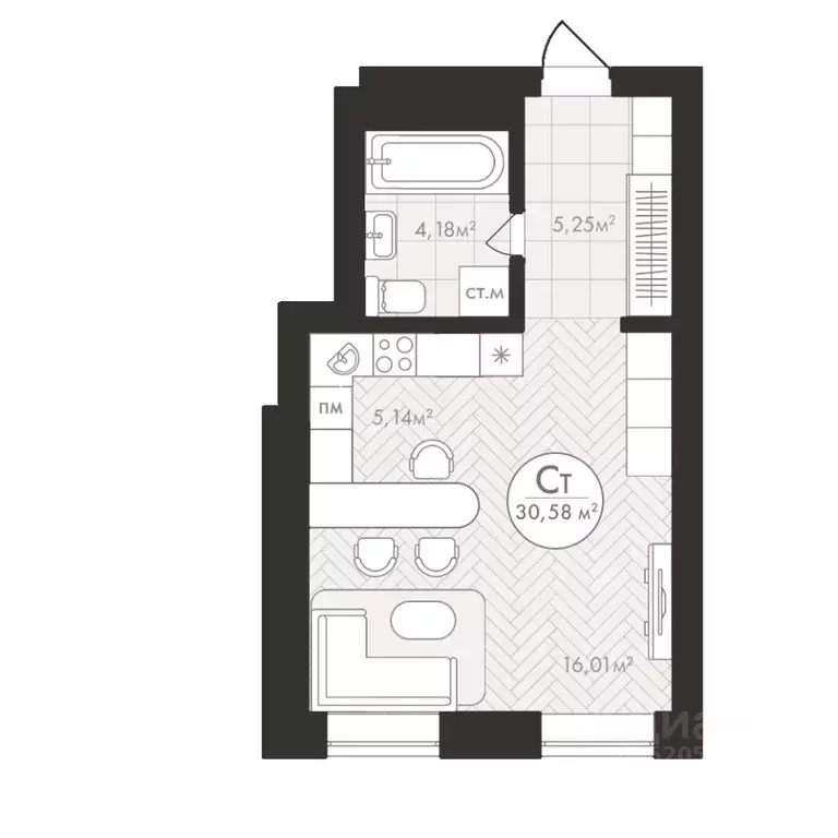 Студия Башкортостан, Уфа Южный-2 мкр,  (30.58 м) - Фото 0