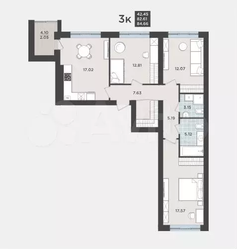 3-к. квартира, 82,6 м, 2/9 эт. - Фото 1