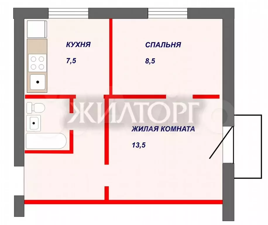 2-к. квартира, 40,9 м, 4/4 эт. - Фото 0