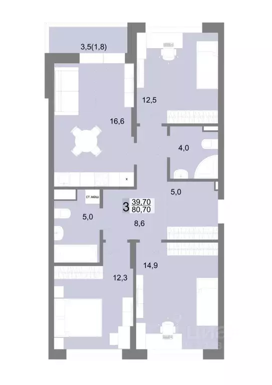 3-к кв. Свердловская область, Екатеринбург ул. Семена Лагоды, 80 (80.7 ... - Фото 1