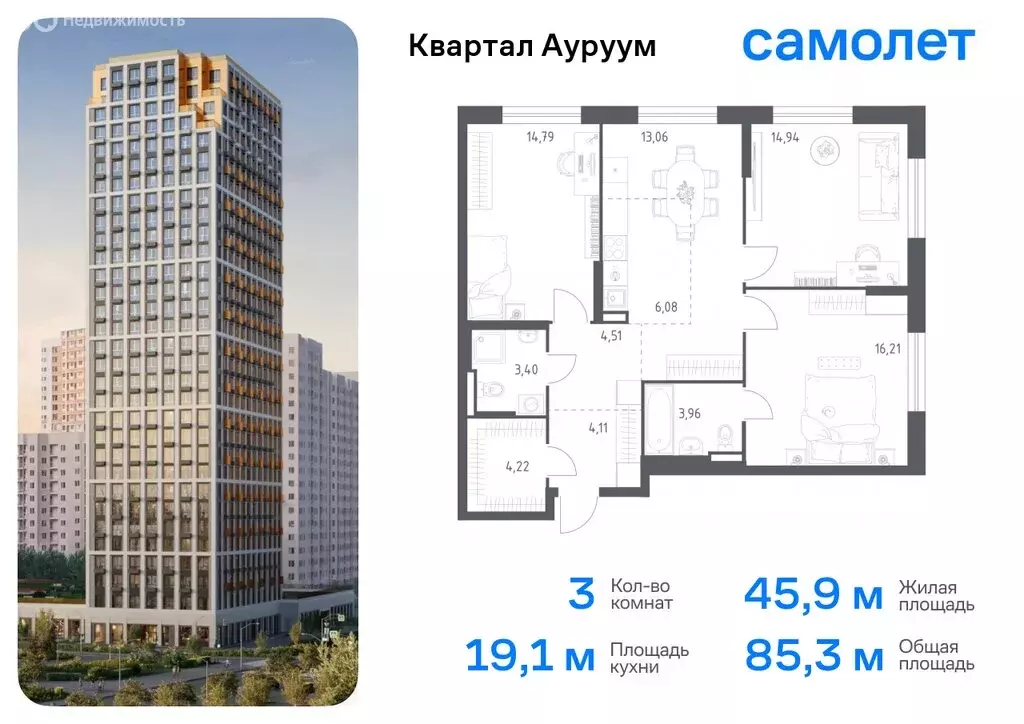 3-комнатная квартира: Екатеринбург, ЖК Квартал Ауруум, к2 (85.28 м) - Фото 0