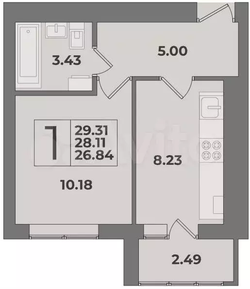 1-к. квартира, 29,3 м, 6/9 эт. - Фото 0