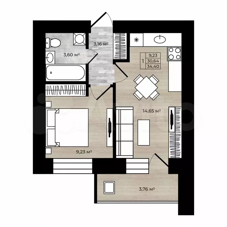 1-к. квартира, 34,4 м, 7/9 эт. - Фото 0