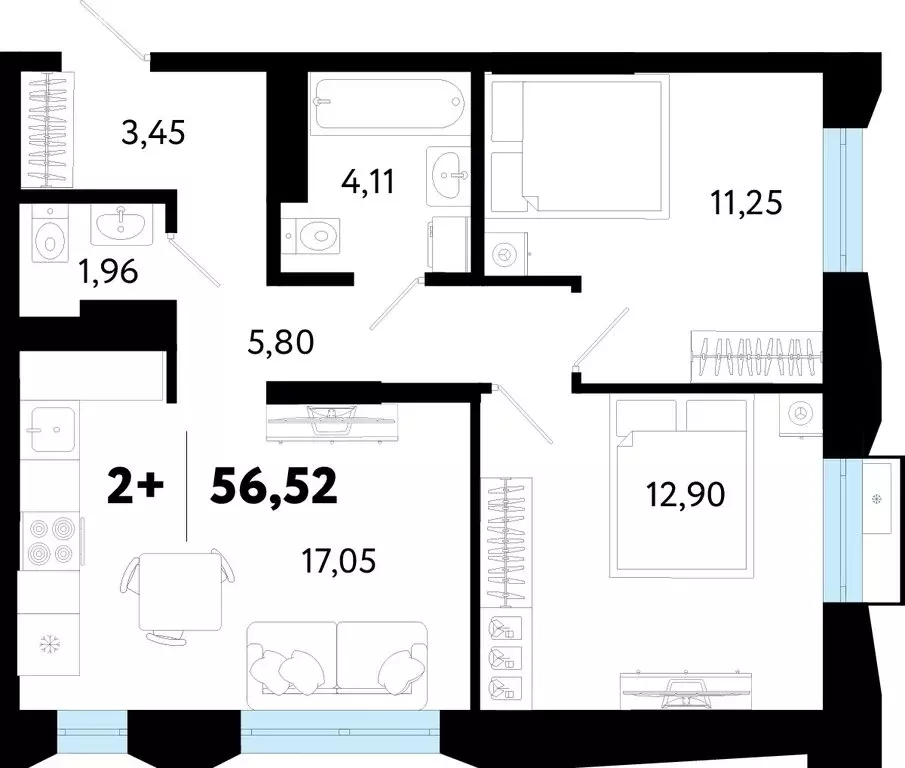 2-комнатная квартира: Тюмень, улица Судостроителей, 48 (56.52 м) - Фото 1