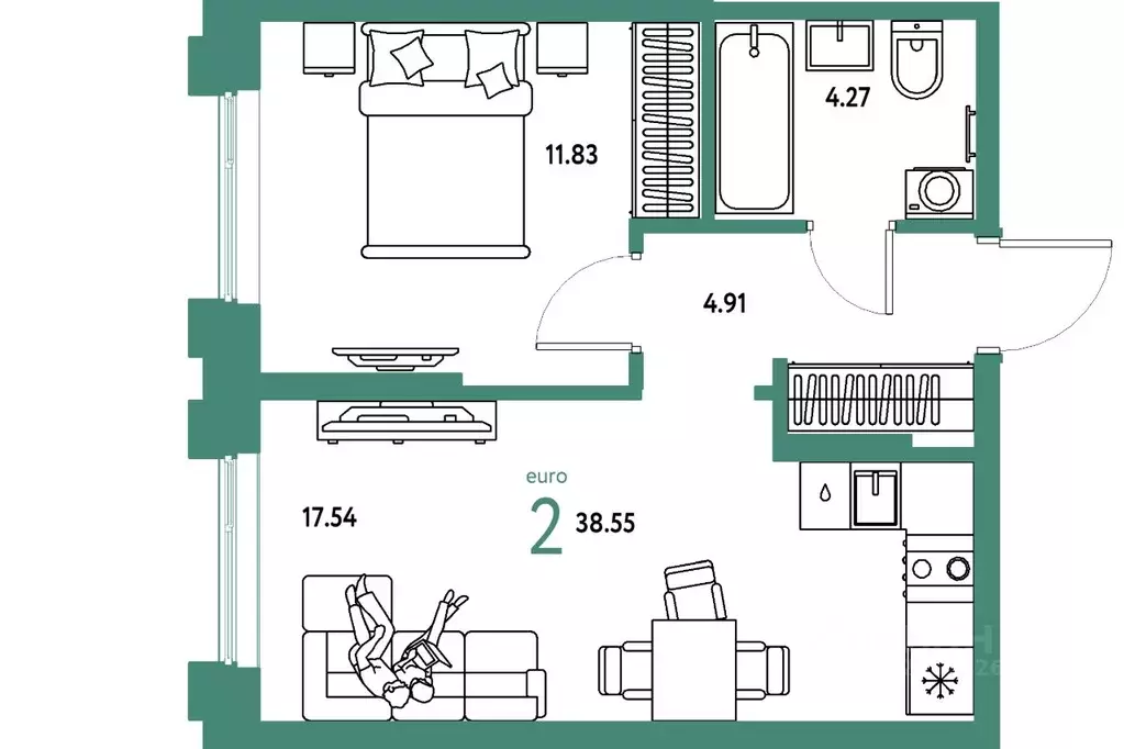2-к кв. Тюменская область, Тюмень Береговая ул., 100к2 (38.55 м) - Фото 1