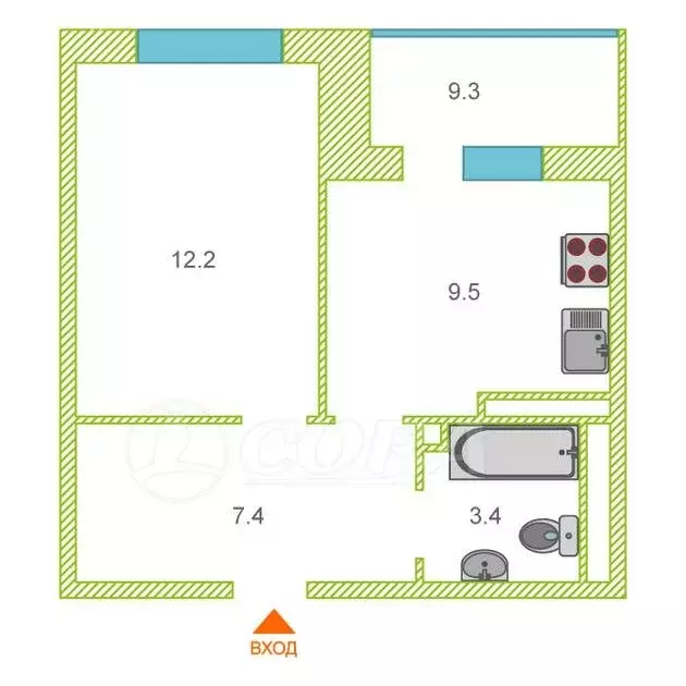 1-комнатная квартира: Тюмень, улица Газовиков, 51 (32.8 м) - Фото 2