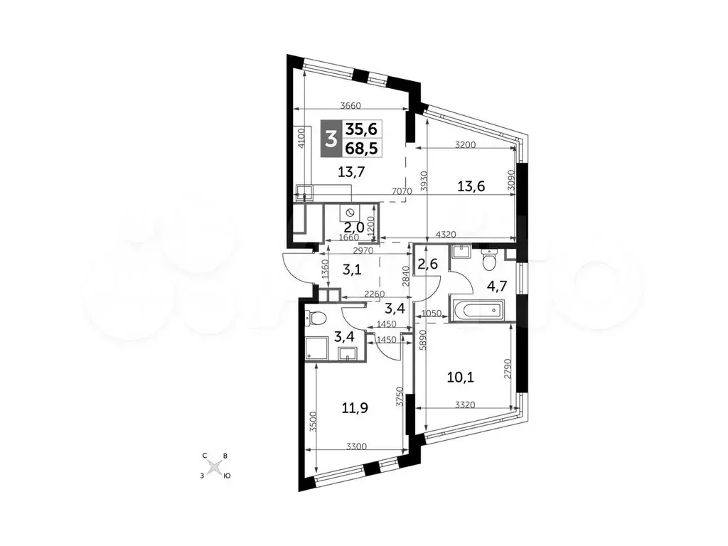 3-к. квартира, 68,5 м, 8/29 эт. - Фото 0