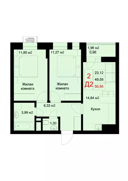 2-к кв. Татарстан, Казань ул. Рауиса Гареева, 78Б (50.56 м) - Фото 0