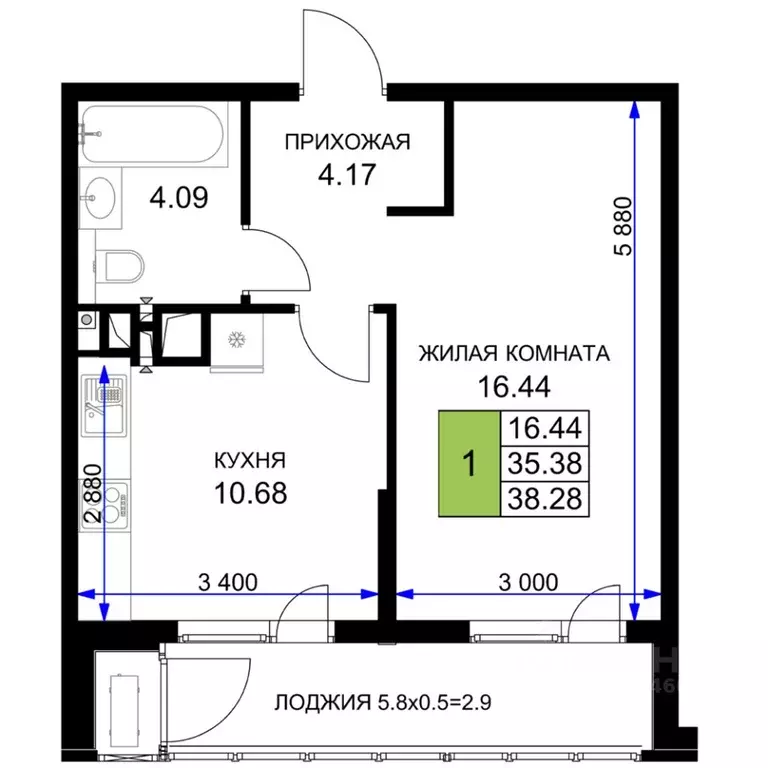 1-к кв. Краснодарский край, Краснодар  (38.28 м) - Фото 0