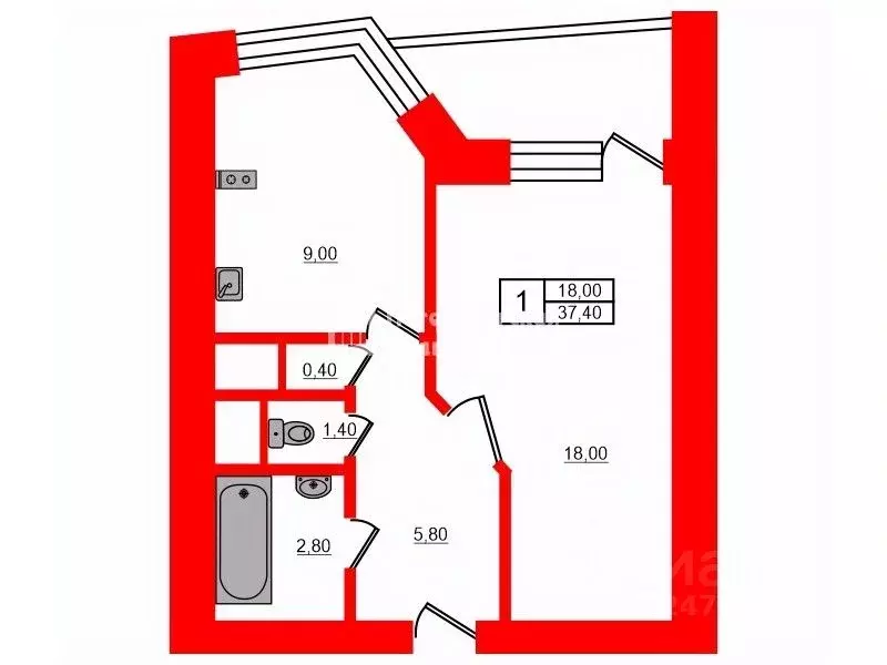 1-к кв. Санкт-Петербург ул. Руднева, 21К3 (37.4 м) - Фото 1