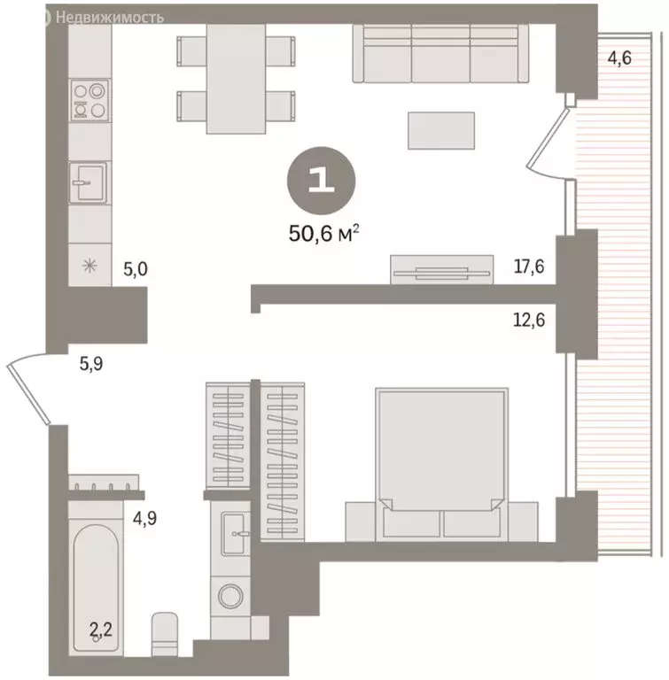 1-комнатная квартира: Тюмень, жилой комплекс Речной Порт (50.6 м) - Фото 2