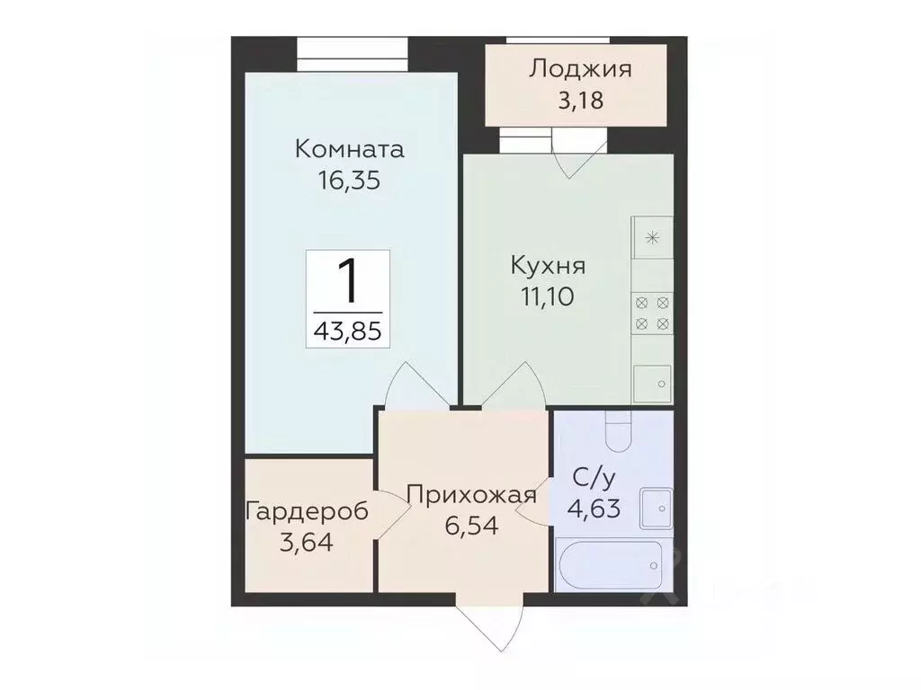 1-к кв. Воронежская область, Воронеж ул. Матросова, 60 (43.85 м) - Фото 0