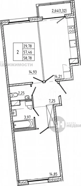 2-к. квартира, 58,8м, 2/7эт. - Фото 1