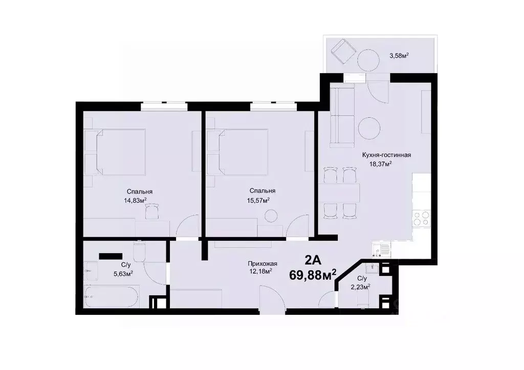 2-к кв. Самарская область, Тольятти ул. Маршала Жукова, 60 (69.88 м) - Фото 1