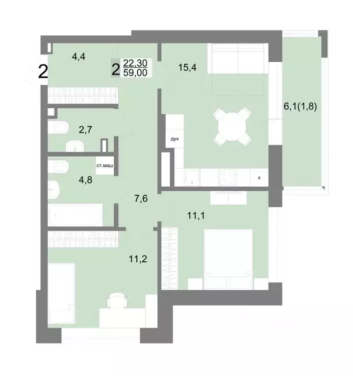 2-к кв. Свердловская область, Екатеринбург ул. Семена Лагоды, 80 (59.0 ... - Фото 1