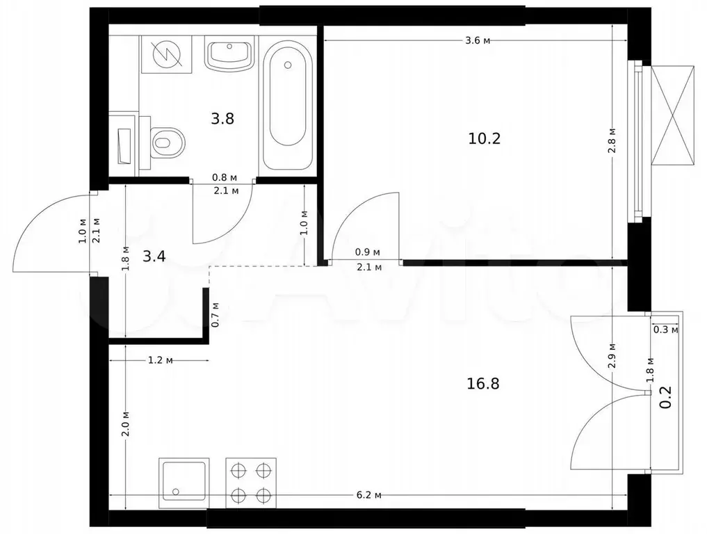 1-к. квартира, 34,4 м, 9/9 эт. - Фото 0