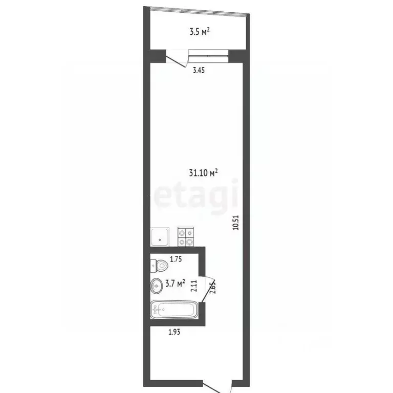 Студия Тюменская область, Тюмень ул. Домостроителей, 26к2 (34.7 м) - Фото 1