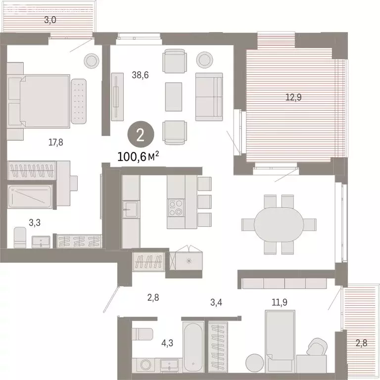 2-комнатная квартира: Тюмень, улица Республики, 205к3 (100.59 м) - Фото 2