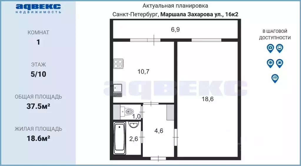 1-к кв. Санкт-Петербург ул. Маршала Захарова, 16к2 (37.5 м) - Фото 1