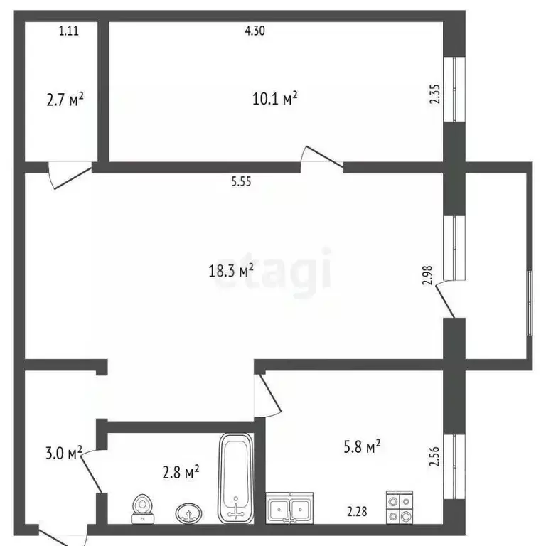 2-к кв. Томская область, Томск ул. Нахимова, 12 (42.7 м) - Фото 1