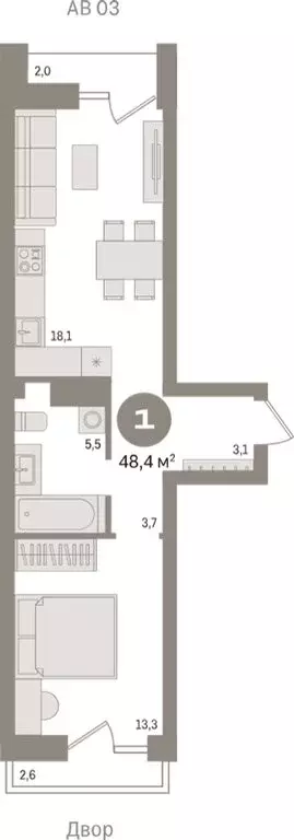 1-комнатная квартира: Новосибирск, улица Аэропорт, 88 (48.36 м) - Фото 1