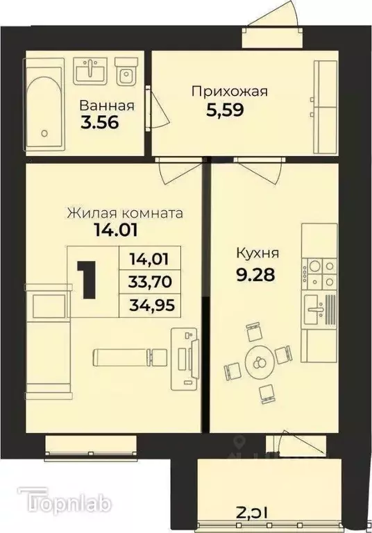 1-к кв. Калининградская область, Балтийск Базарный пер., 3 (34.95 м) - Фото 2