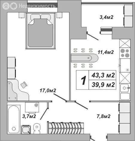 1-комнатная квартира: Тамбов, улица Чичерина, 7к2 (43.3 м) - Фото 0