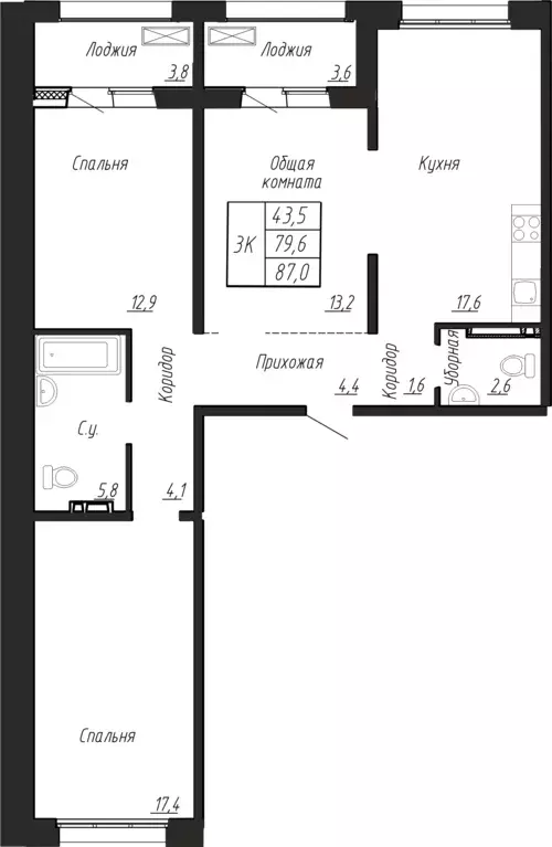 3-к квартира, 87 м - Фото 0
