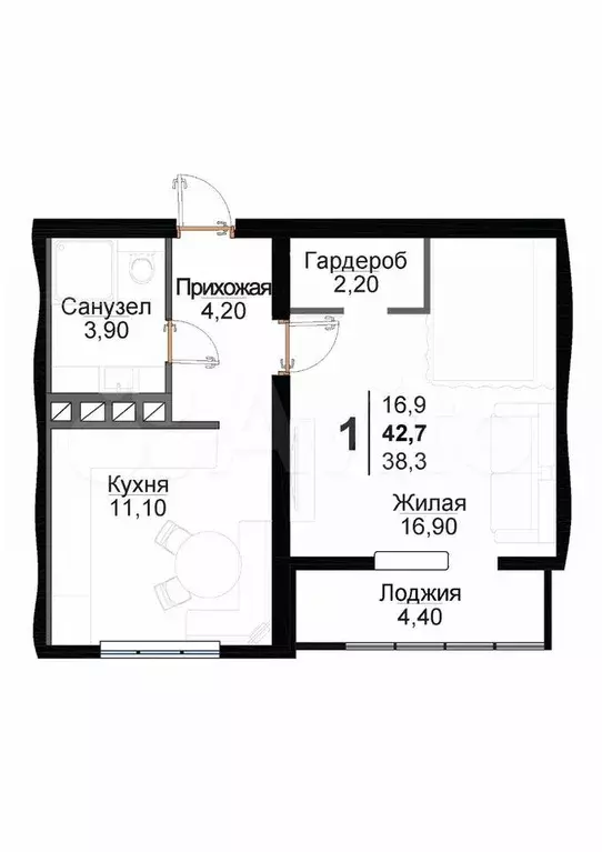 1-к. квартира, 42,7 м, 9/9 эт. - Фото 0