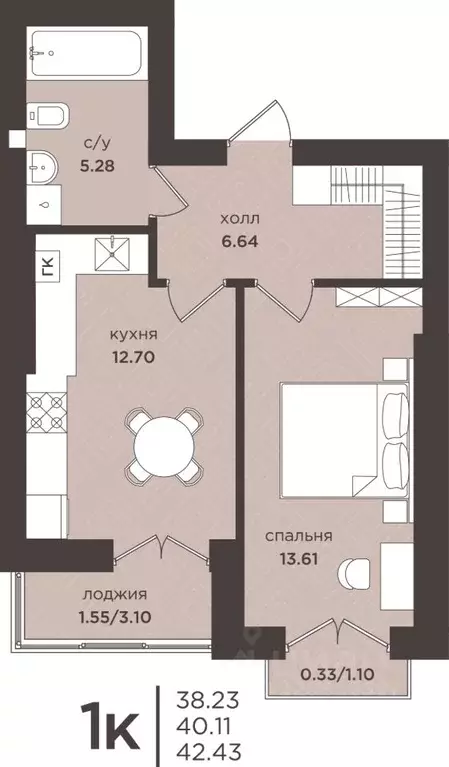 1-к кв. Калининградская область, Гурьевск  (40.11 м) - Фото 0