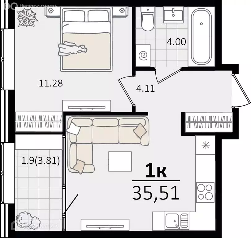 1-комнатная квартира: Краснодар, Сормовская улица, лит1/1 (35.51 м) - Фото 0