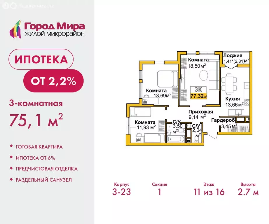 3-комнатная квартира: Симферополь, улица Батурина, 177к2 (75.1 м) - Фото 1