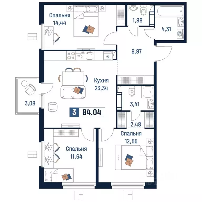 3-к кв. Ленинградская область, Мурино Всеволожский район,  (84.04 м) - Фото 1