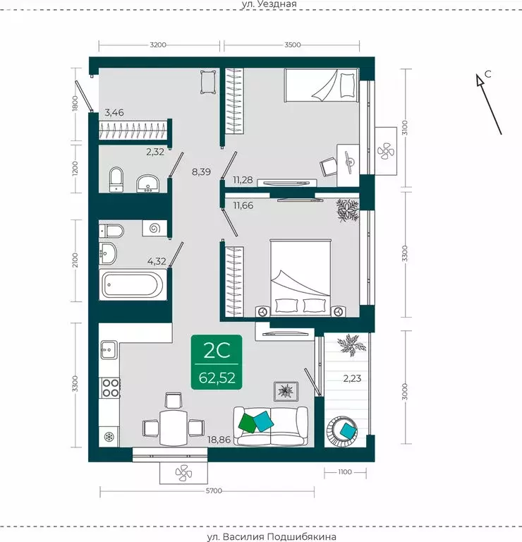 2-комнатная квартира: Тюмень, улица Василия Подшибякина, 9 (62.52 м) - Фото 1