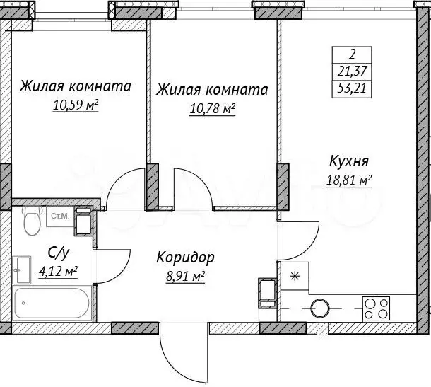 2-к. квартира, 53,2 м, 14/14 эт. - Фото 0