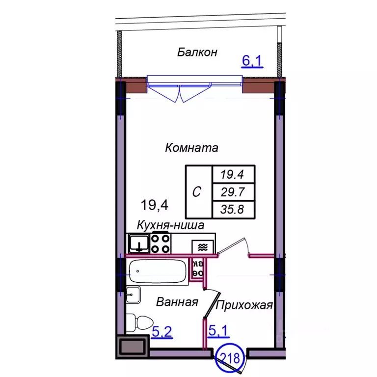 Студия Калининградская область, Светлогорск Балтийская ул. (35.8 м) - Фото 1