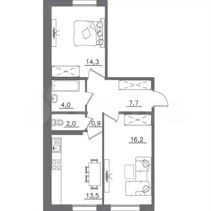 2-к. квартира, 58,6 м, 1/9 эт. - Фото 0