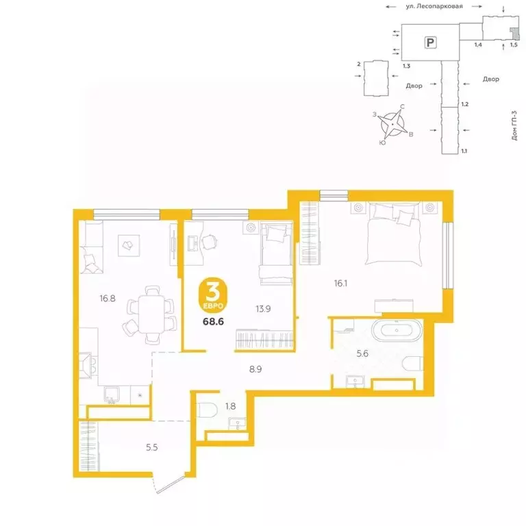 3-к кв. Тюменская область, Тюмень ул. Лесопарковая, 22 (68.6 м) - Фото 1