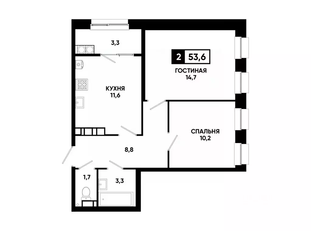2-к кв. Ставропольский край, Ставрополь ул. Андрея Голуба, 12к8 (53.6 ... - Фото 0